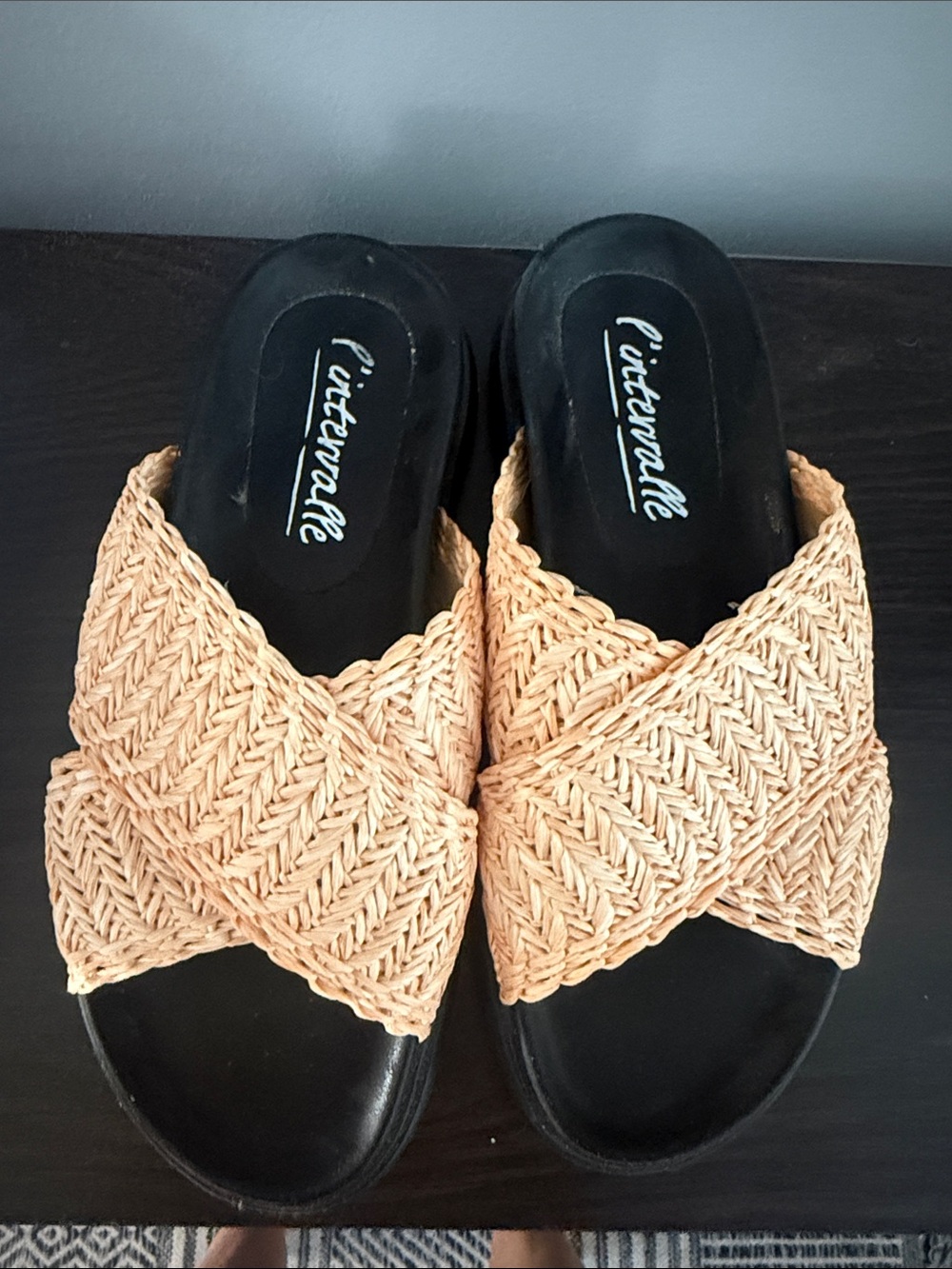 Peach colored Woven Cross-Band Slide Mules in Beige